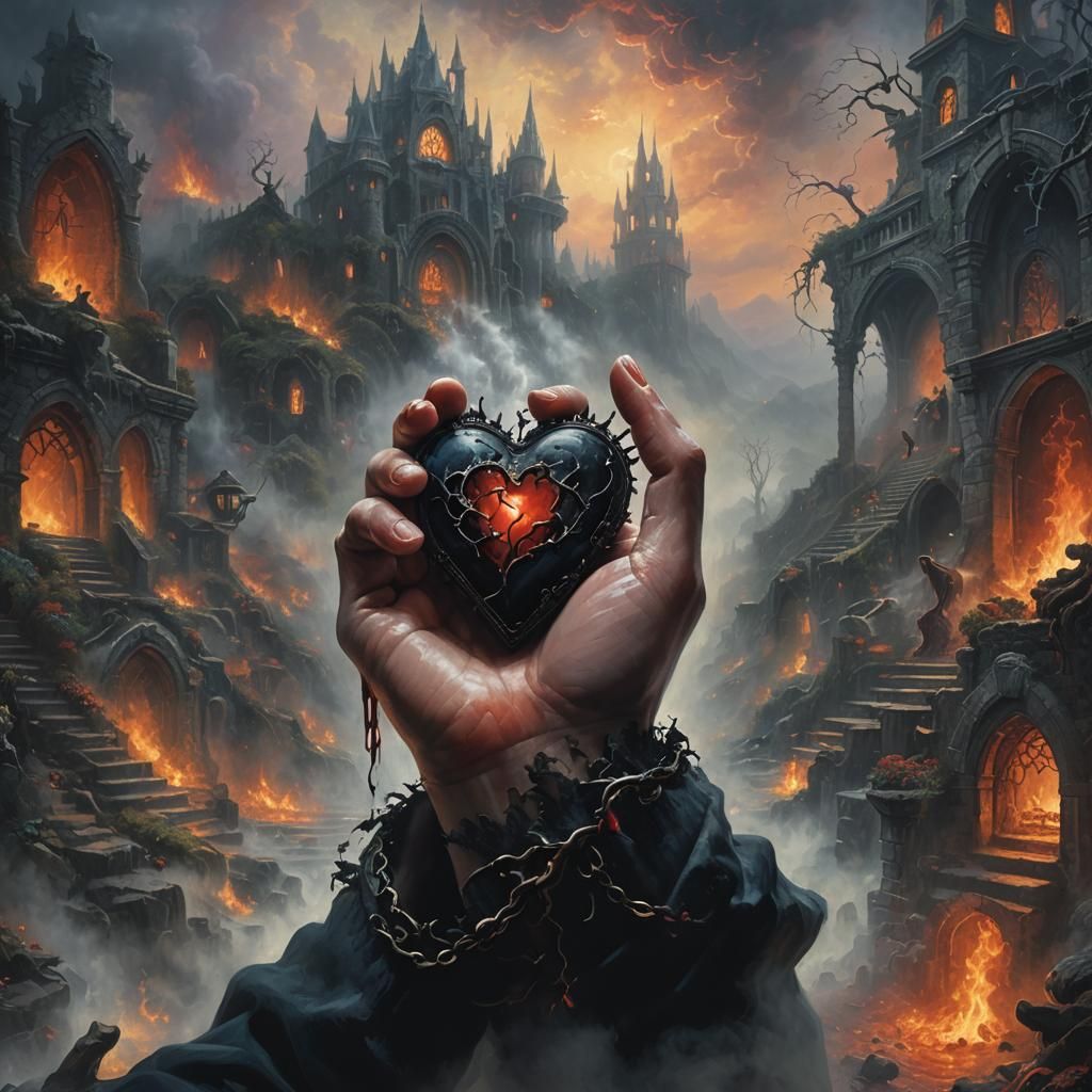 Hand Holding Bleeding Heart in Hell: Ethereal Fantasy
