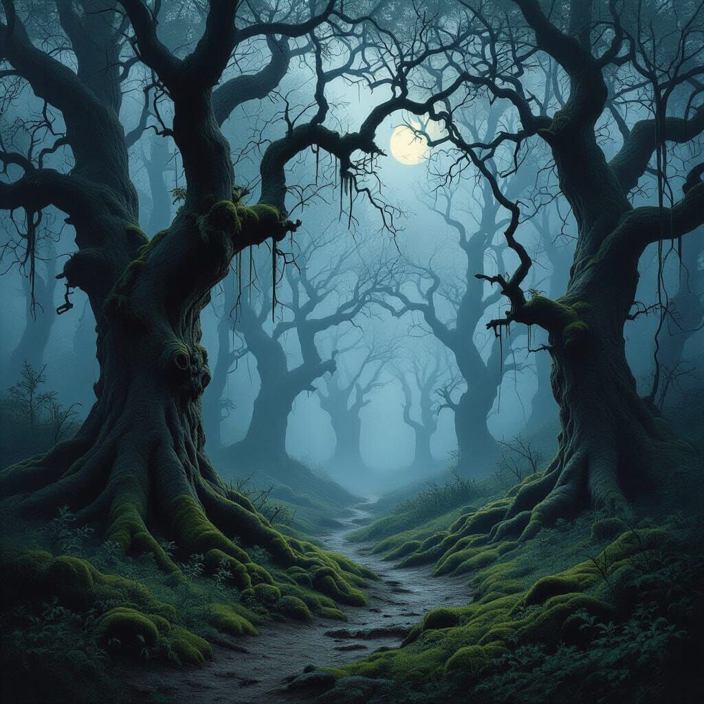 Misty Forest Path in Moonlight, Detailed Painting Style