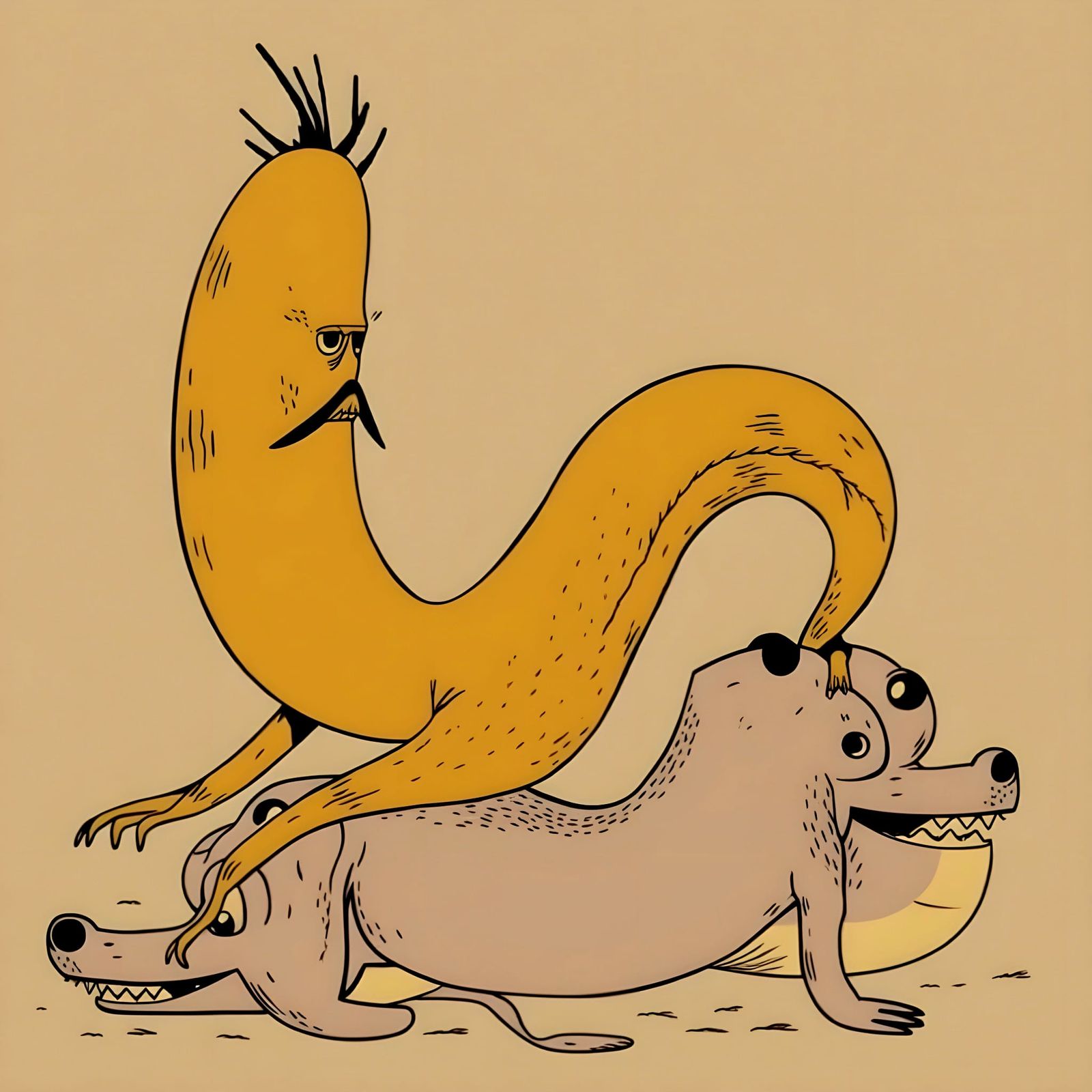 Banana Creature Lounging on a Grey Monster