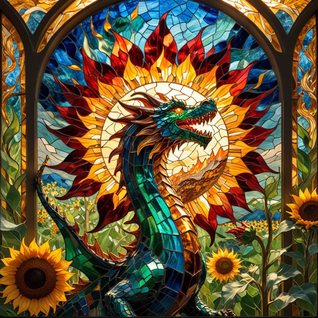 Vibrant Stained Glass Dragon in a Sunlit Castle
