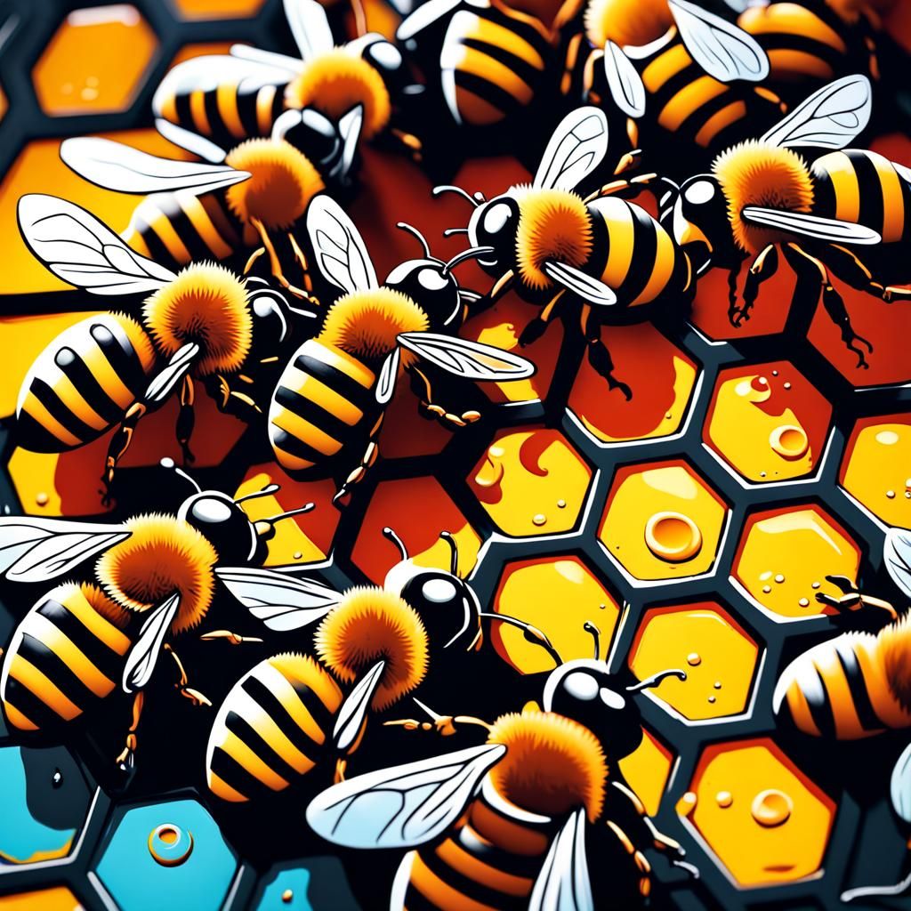 Bees Hive Close-Up in Graffiti Art Style