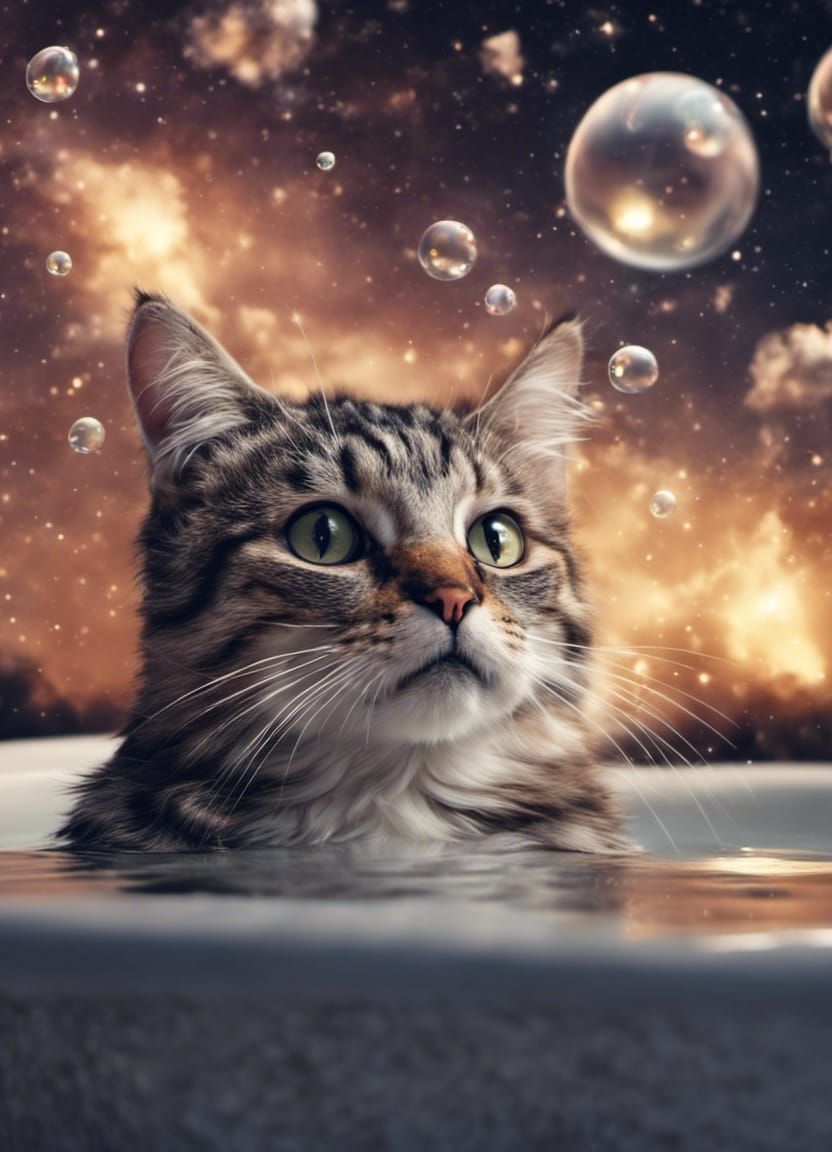 Cat's Starlit Bubble Bath: Hyperrealistic 64MP Image