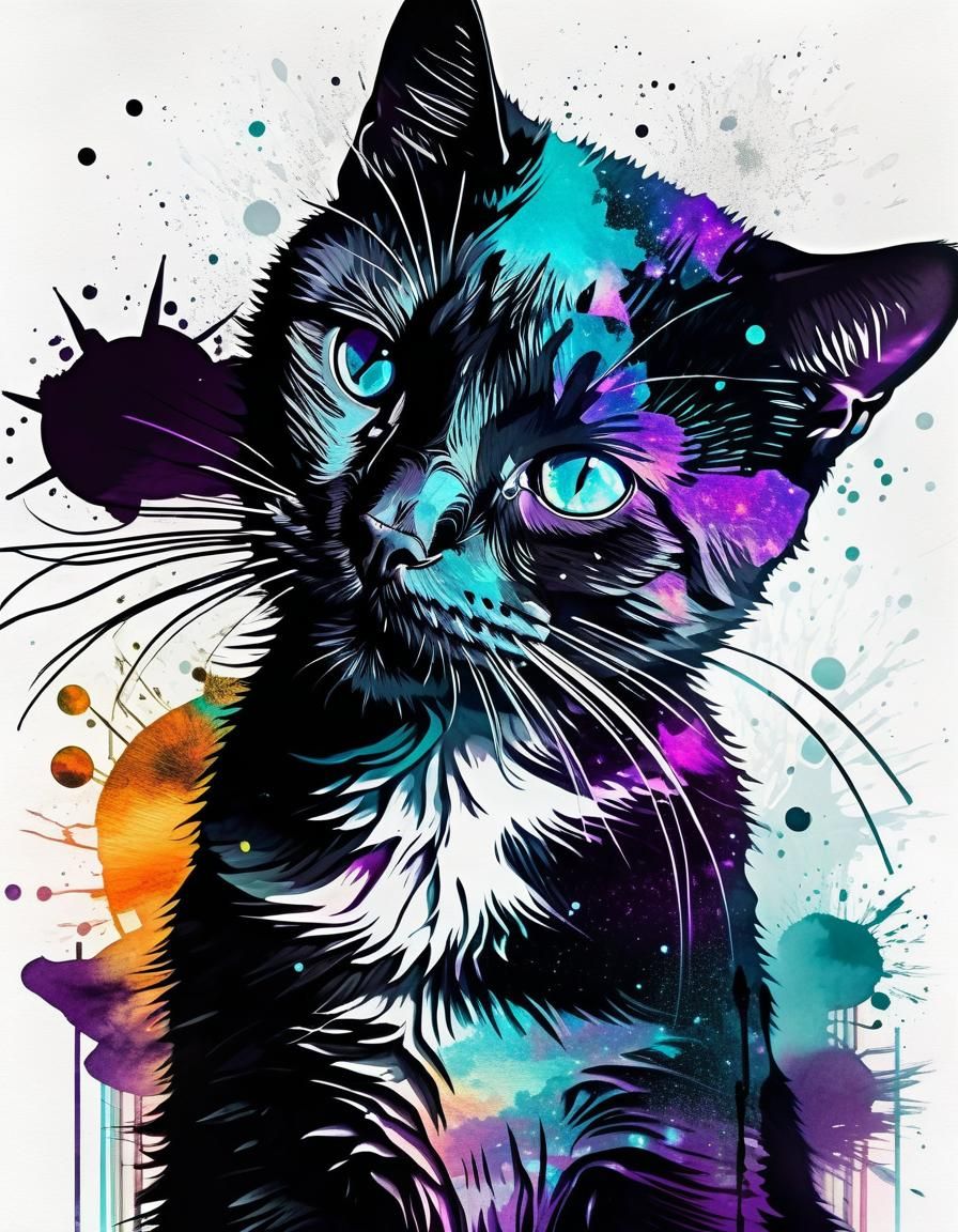 Holographic Black Cat Double Exposure Portrait