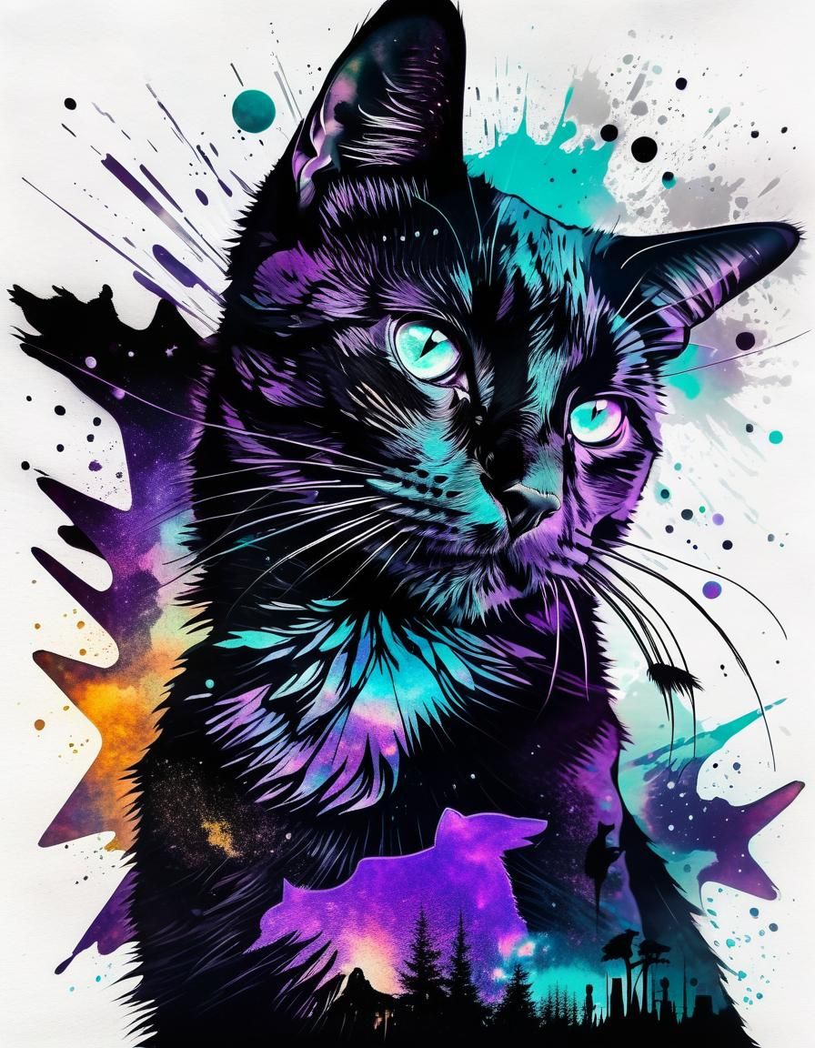 Holographic Black Cat Double Exposure Portrait