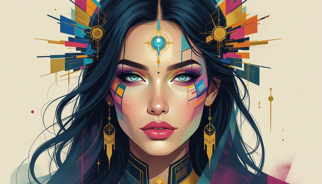Cyberpunk Shaman Portrait in Geometric Abstract Style