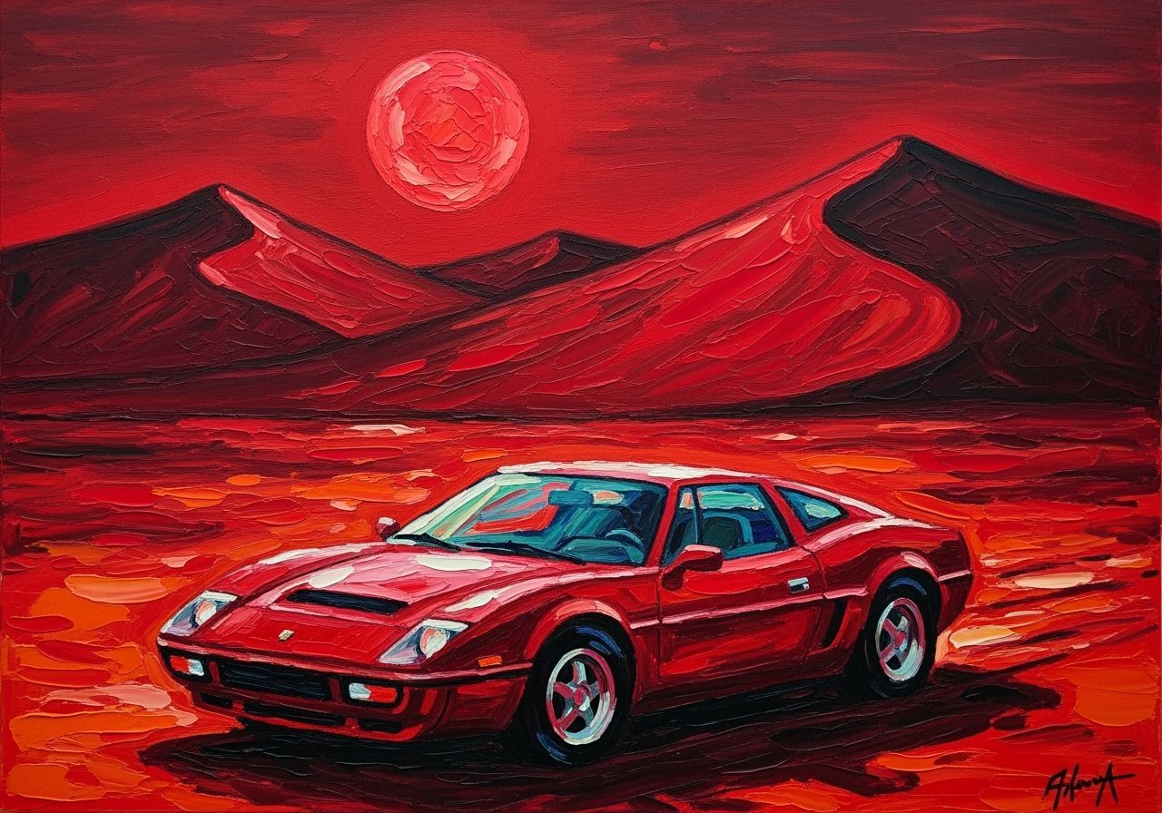Crimson Sports Car in Desert Under Red Moon