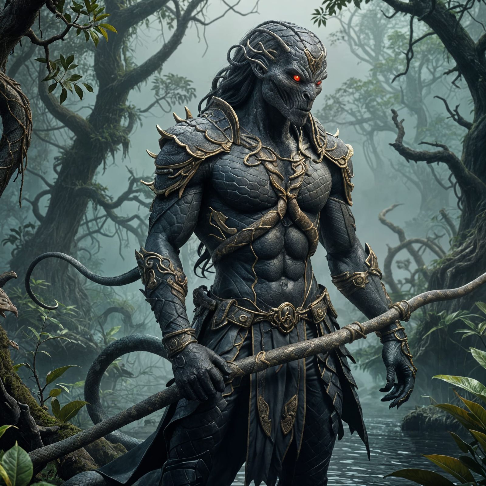 Dark Fantasy Gorgons in Misty Mangrove, Masterpiece Art
