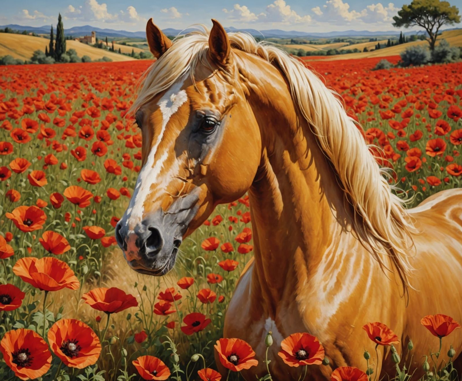 Golden Stallion Amidst Tuscan Bloom