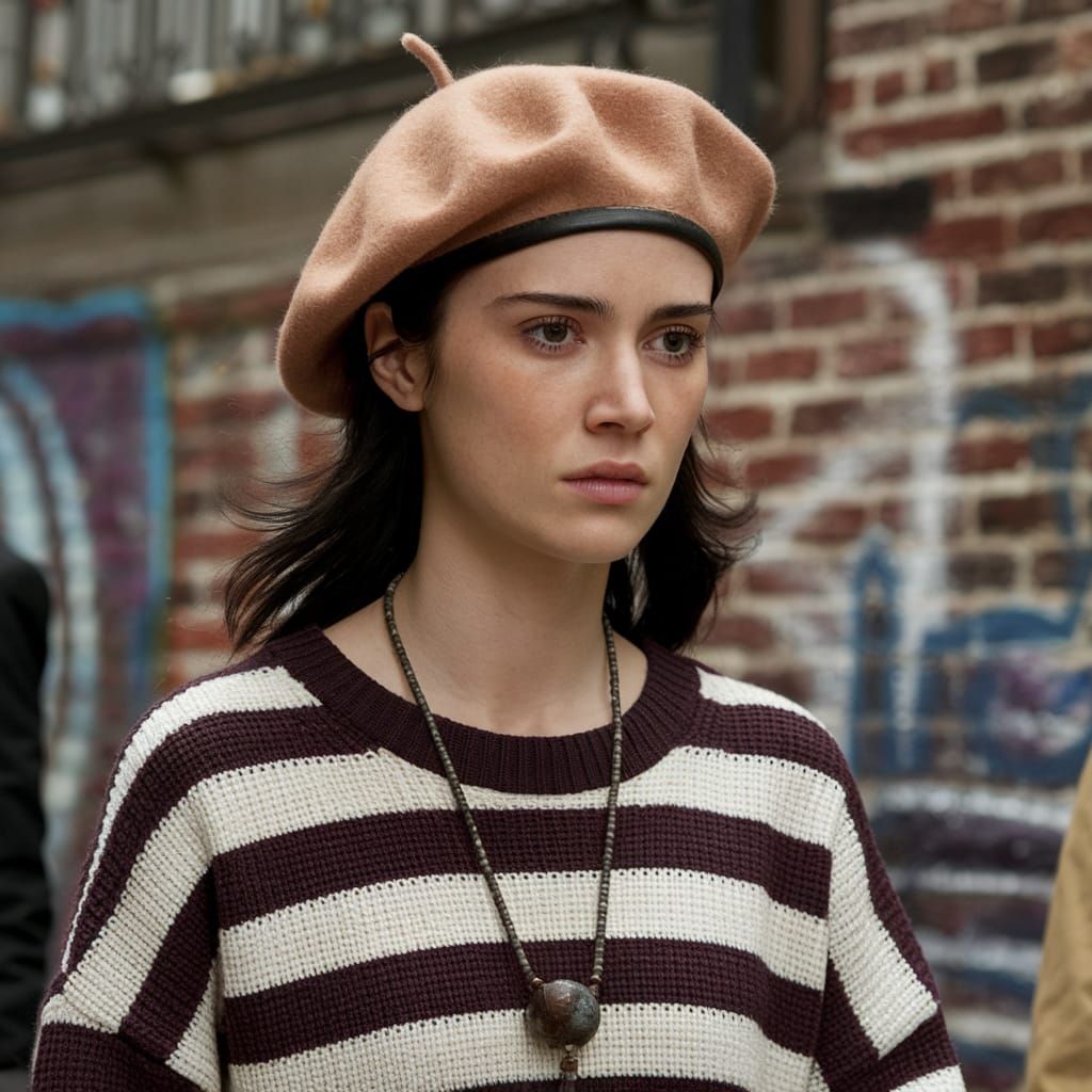 Model with Beret and Striped Sweater