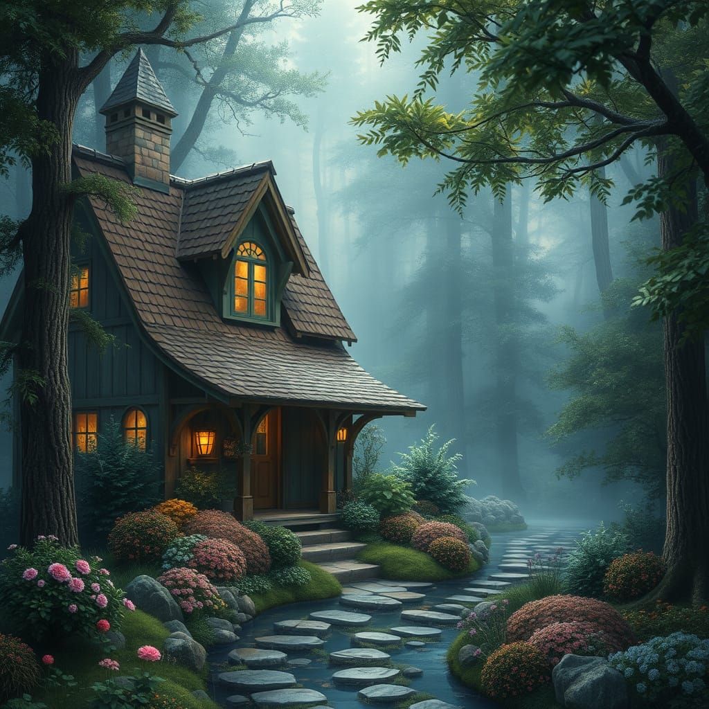 Ethereal Woodland Cottage in Kinkade Style