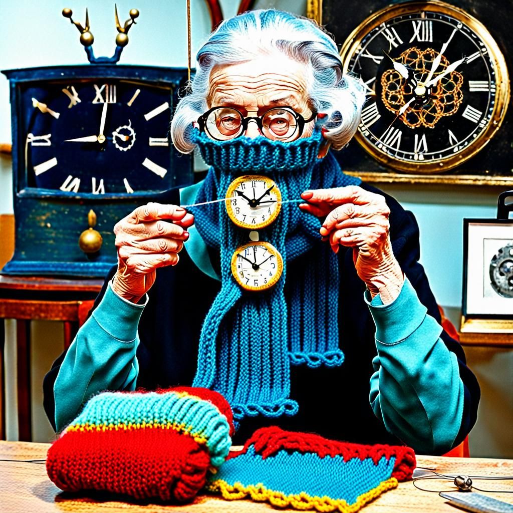 Granny Knits Punk Scarf with Dali Clock