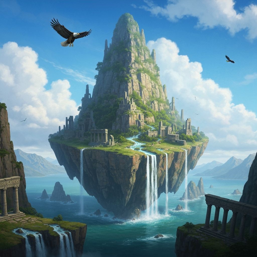 Majestic Floating Island with Ancient Ruins in Fantasy Style