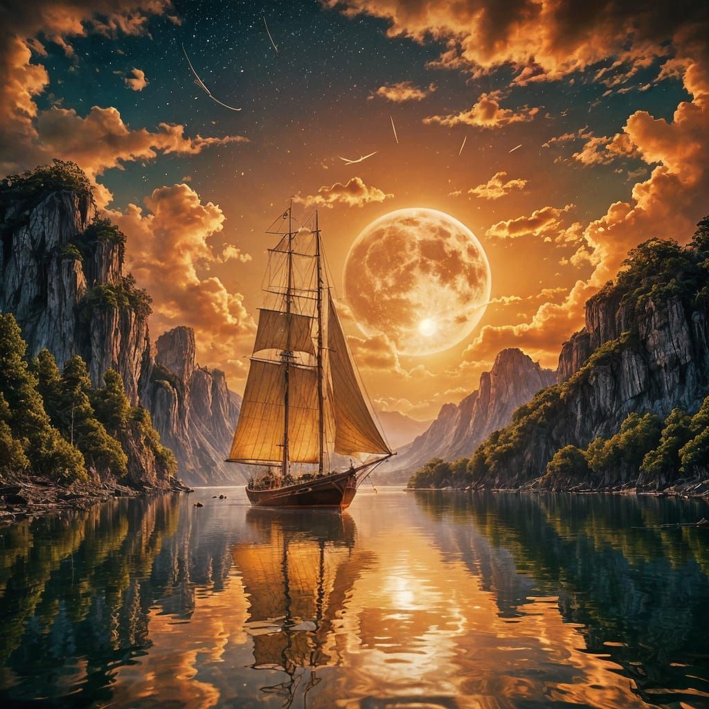 Golden Sails on Still Waters at Sunset