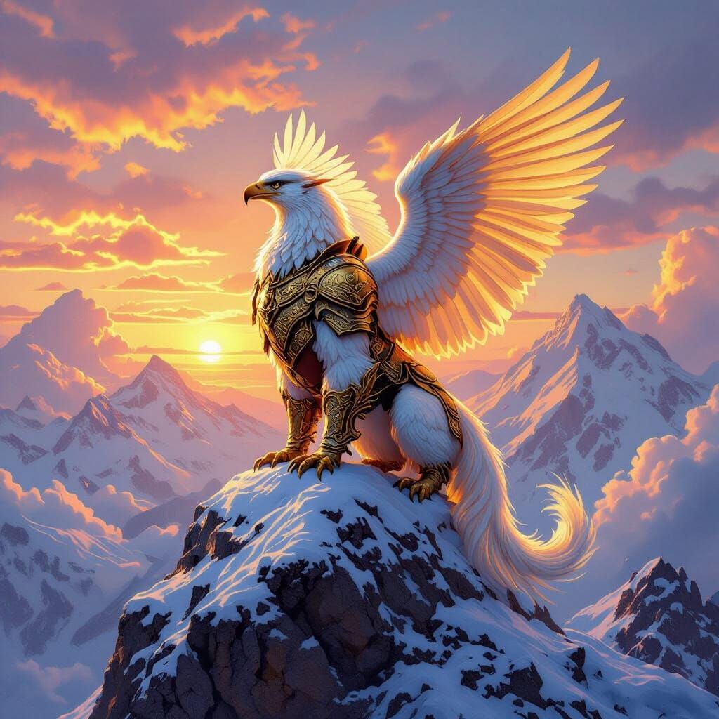 Armored Griffin on Snowy Peak: Classic Oil Painting