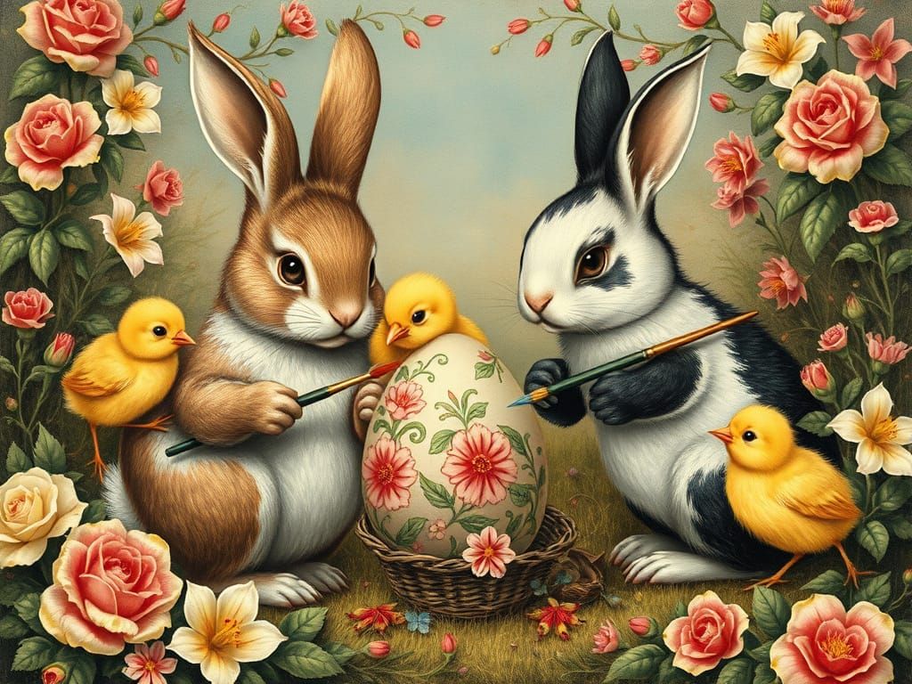 Easter Bunnies Painting Eggs in Vintage Fairy Tale Style