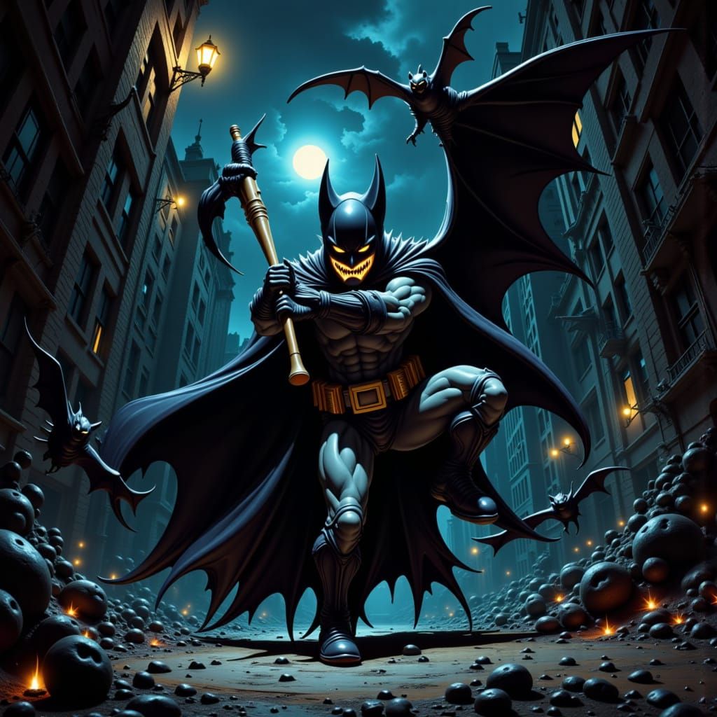 Gothic Bat Character Fights Bat Creature in Grimy Alley