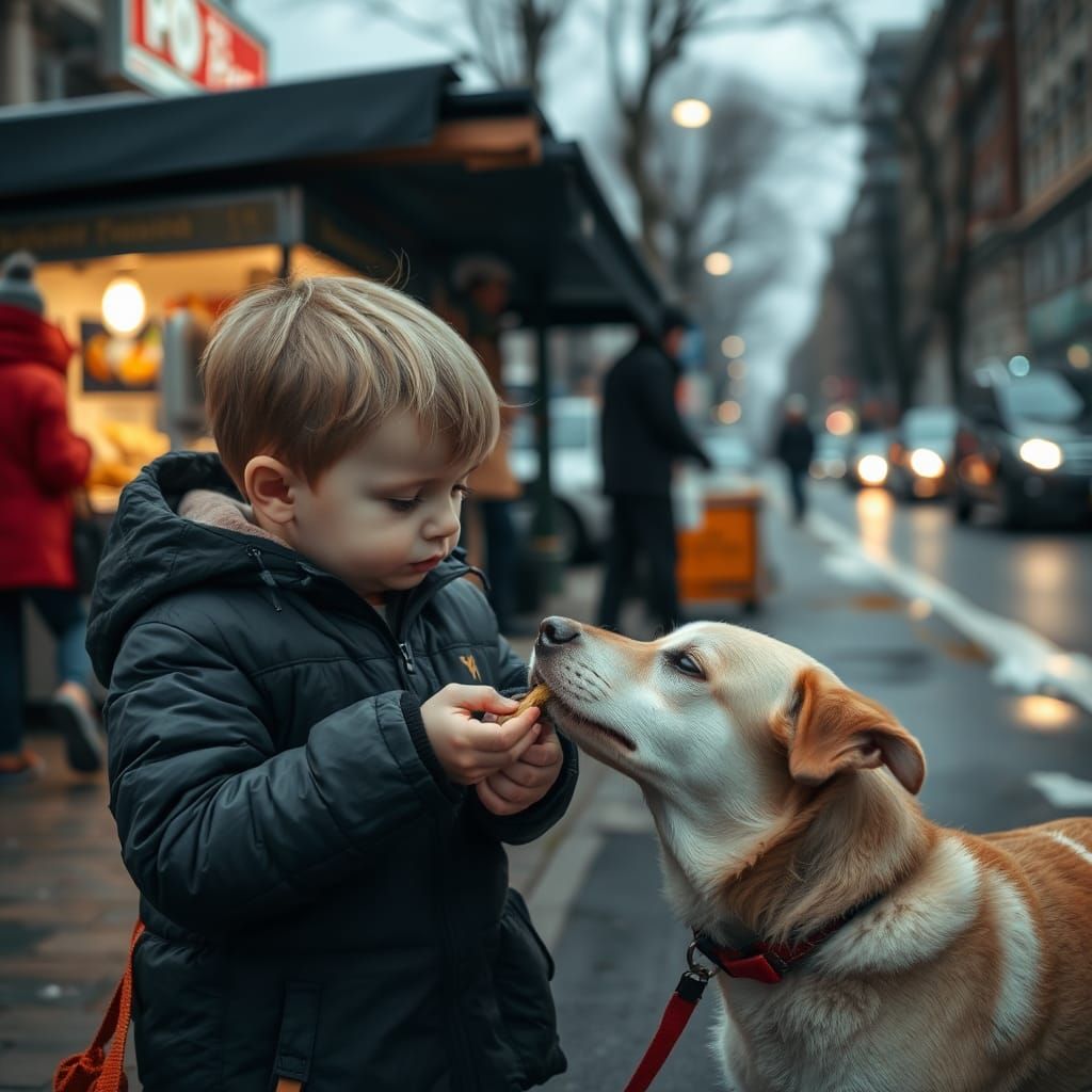 Child Shares Food with Stray Dog on Winter Evening