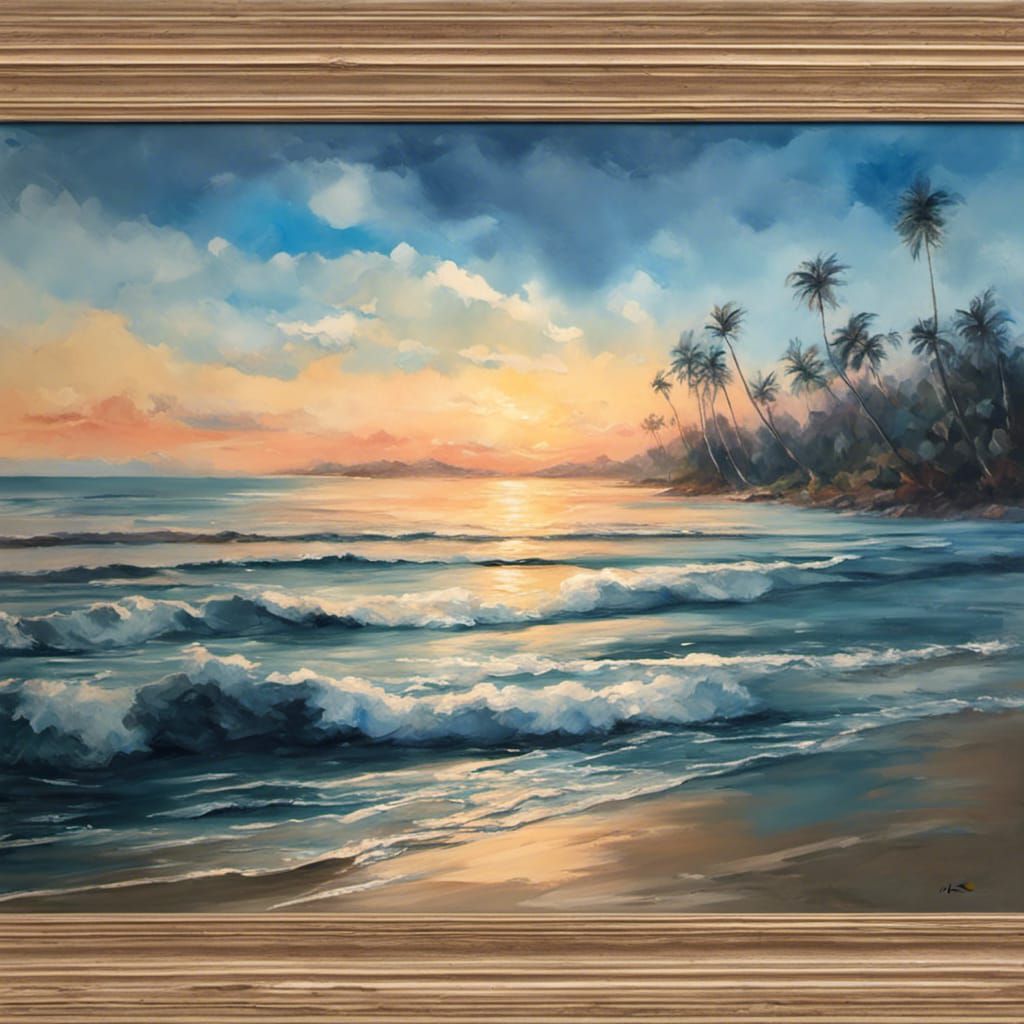 Idyllic Beach Shore Painting with Blue Water