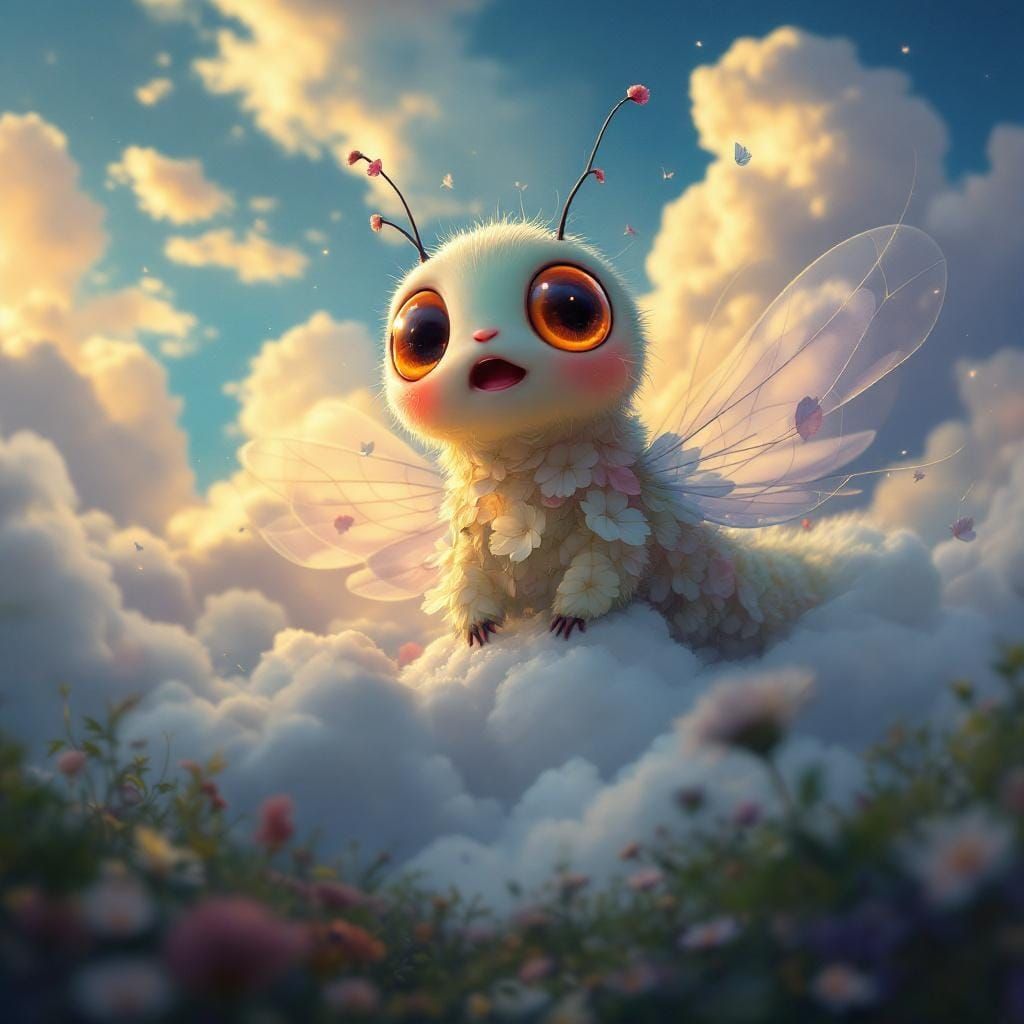 Dreamy Caterpillar's First Flight in Matte Painting Style