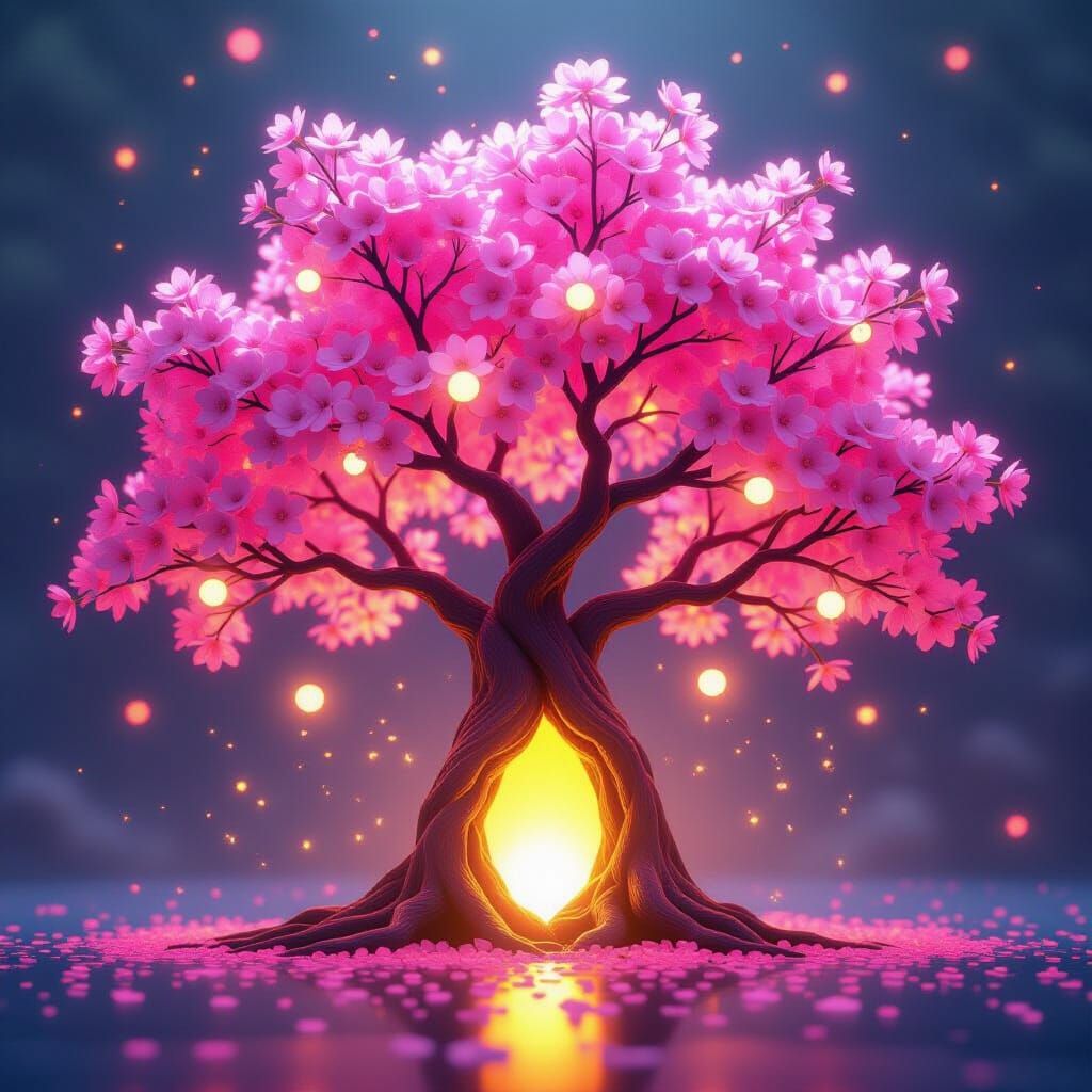 Enchanted Pink Cherry Blossom Tree with Glowing Light
