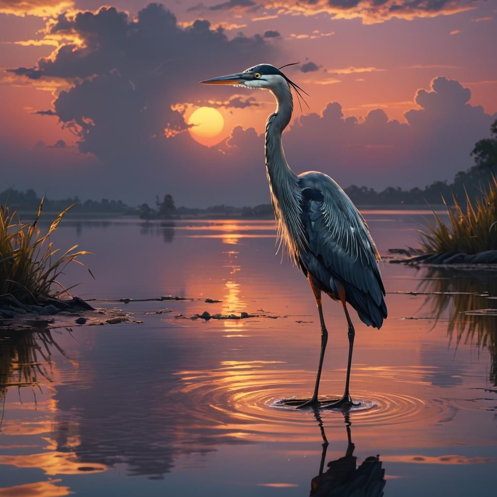 Heron at Colorful Sunset: Matte Painting