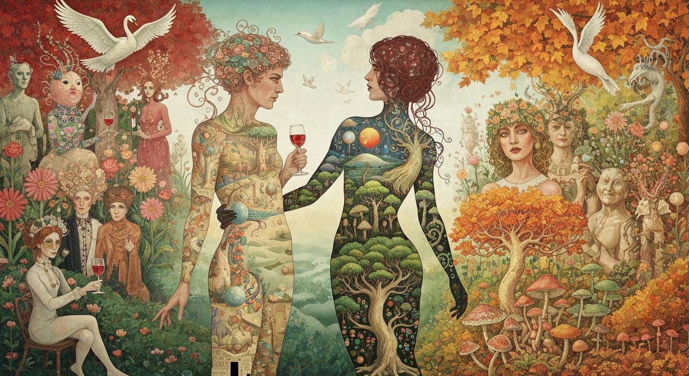 Surreal Garden Party with Dreamlike Creatures