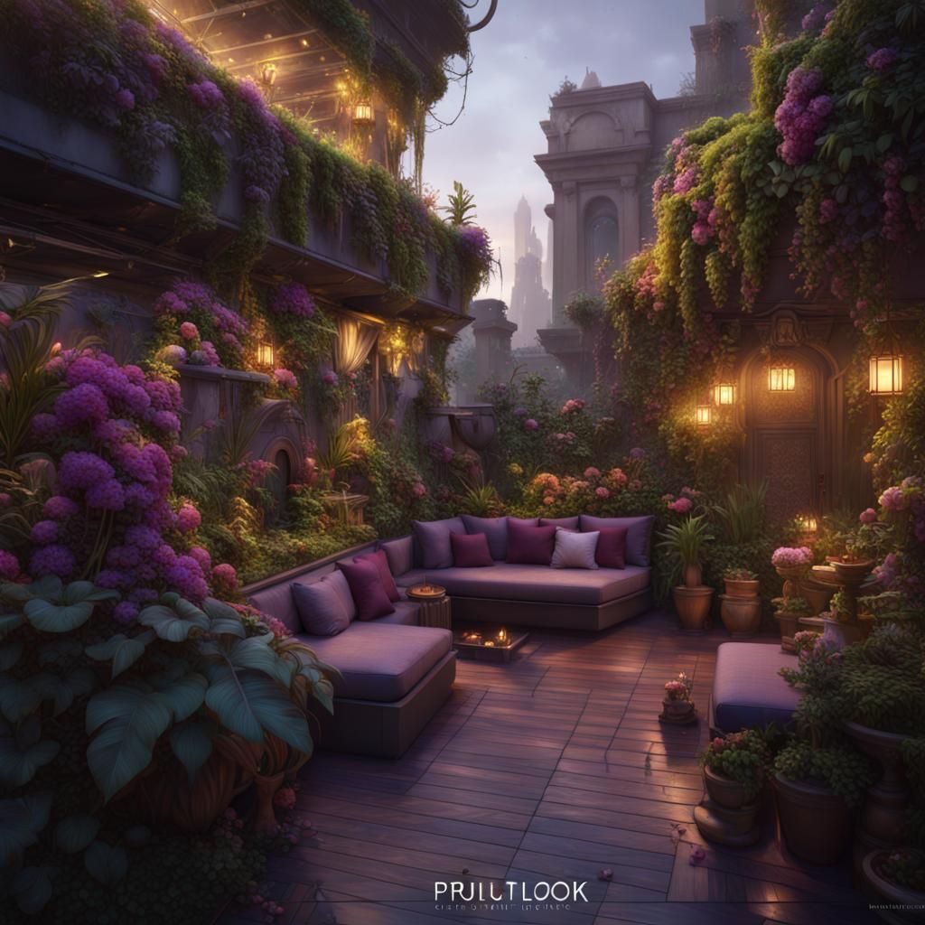 Lush Jungle Garden on Rooftop Terrace in Dark Fantasy Style