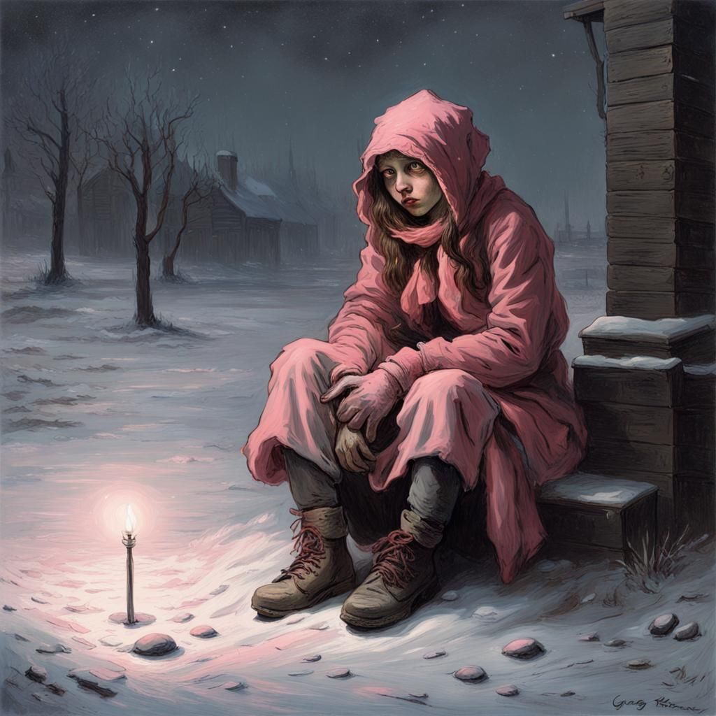 Pink-Haired Girl in Snowy Gothic Horror Scene