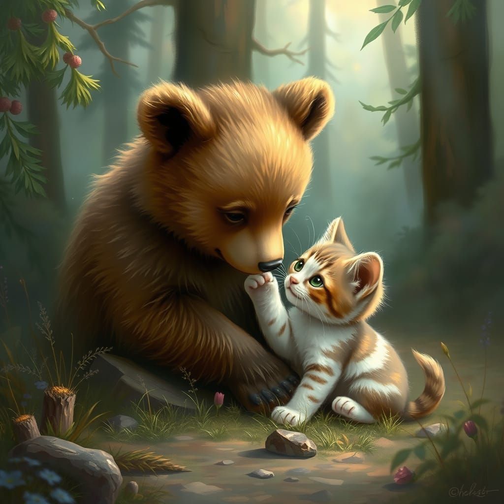 Brown Bear Cub Plays with Whimsical Kitten in Enchanted Fore...