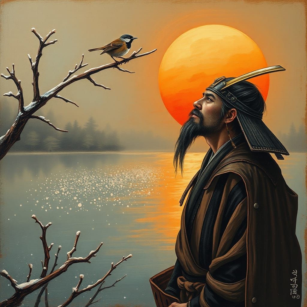 Japanese Samurai Gazing at Wren: Oil and Ink Painting