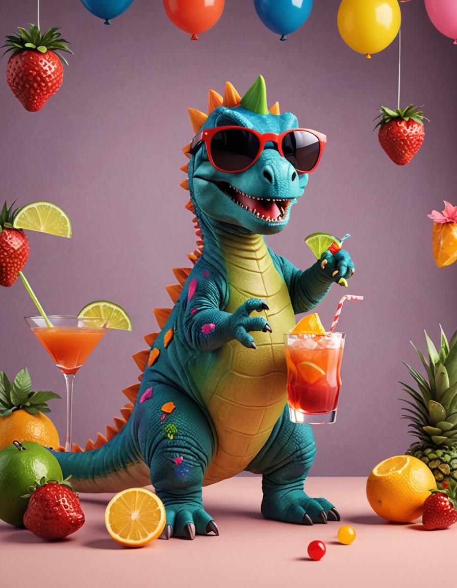 Dino Sips Colorful Tiki Drink in Sunglasses
