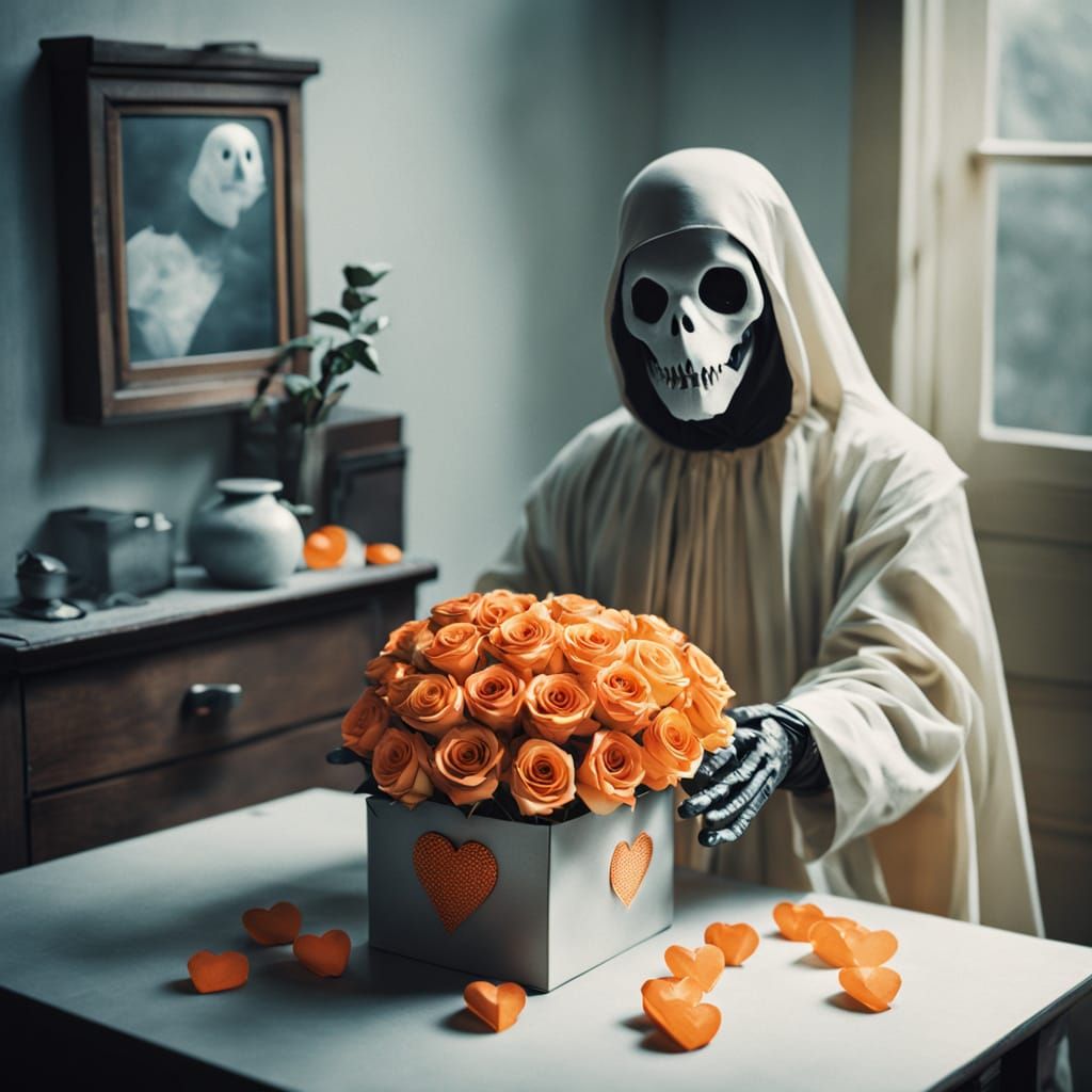 A ghost holding a heart-shaped box of chocolates with orange...