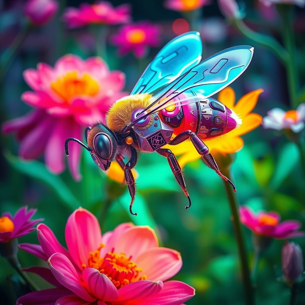Futuristic Cyberpunk Bee in Neon Garden