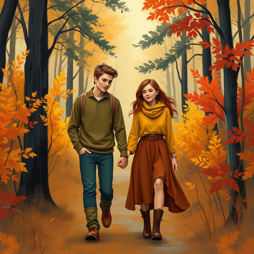 Lovers Stroll Through Autumn Woods in Impressionist Style