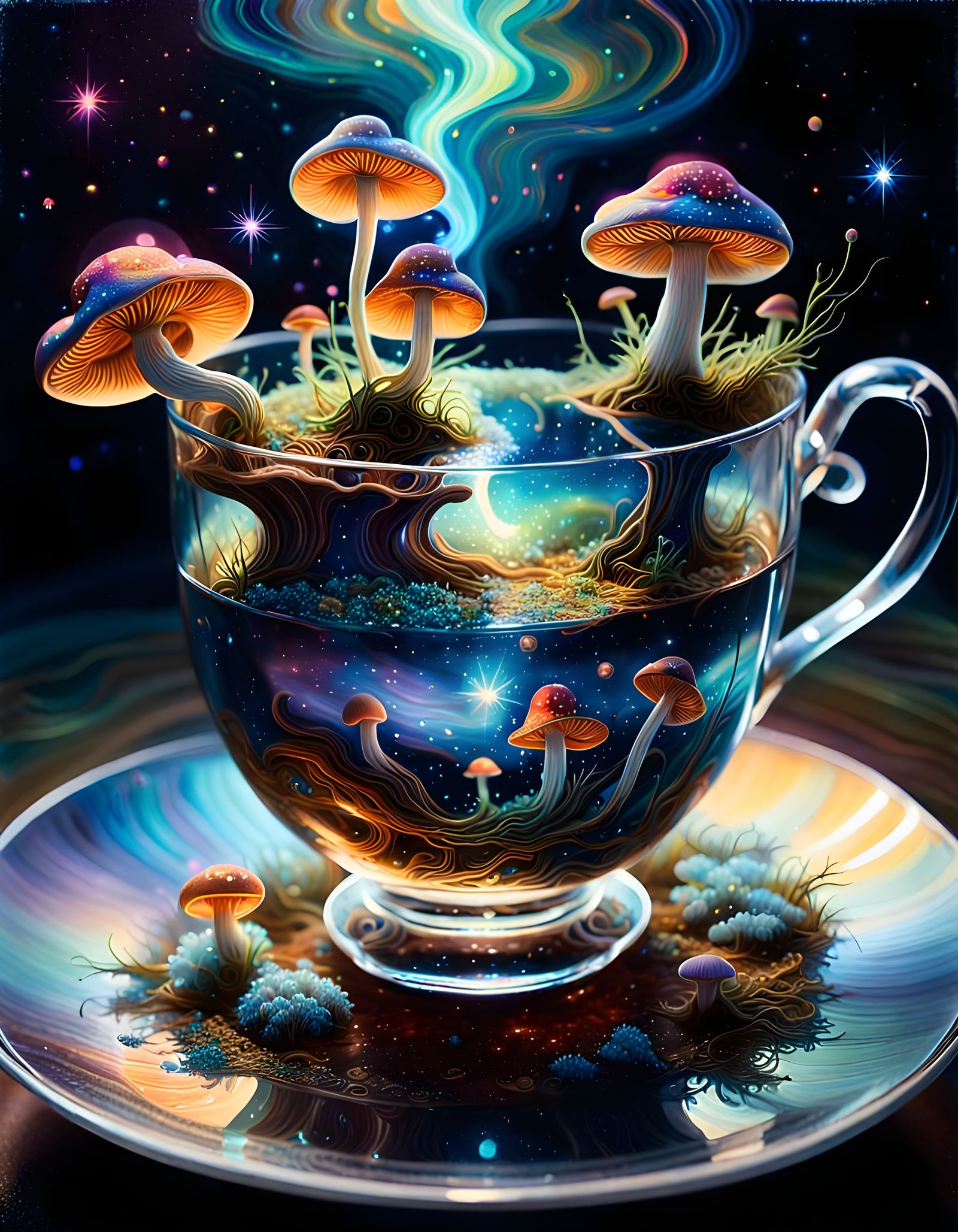 Psychedelic Mushrooms in Sparkling Cosmic Teacup