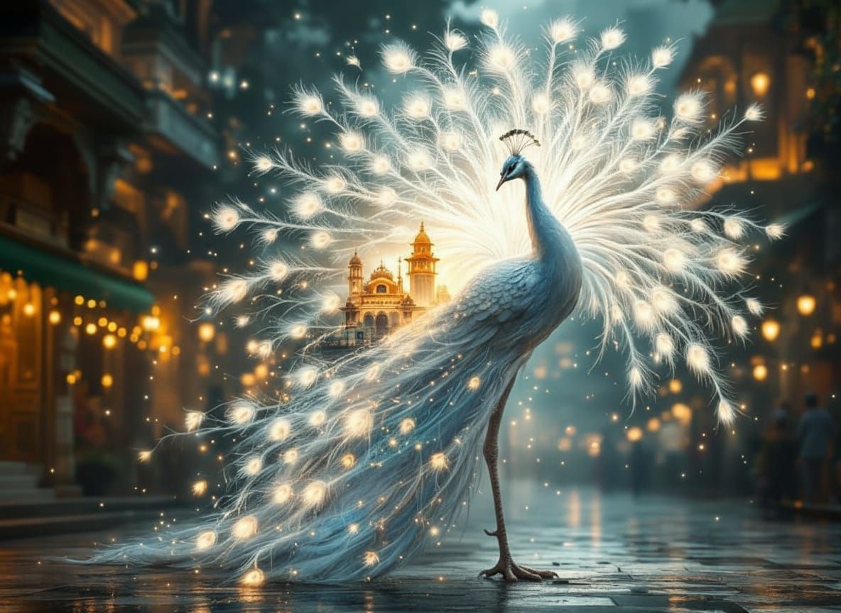 Majestic White Peacock Fanned Tail Over Indian Cityscape