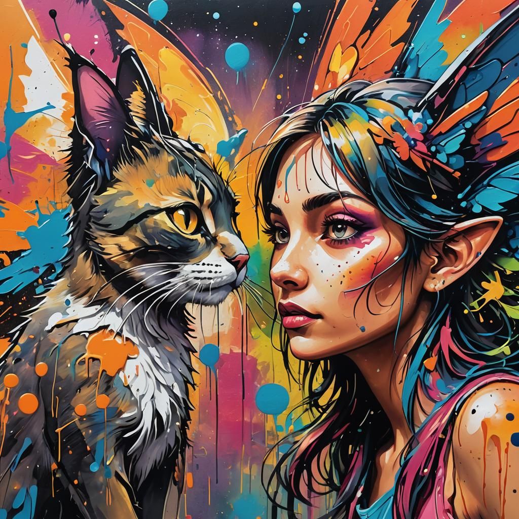Fairy Whispering Secrets to a Cat in Graffiti Art