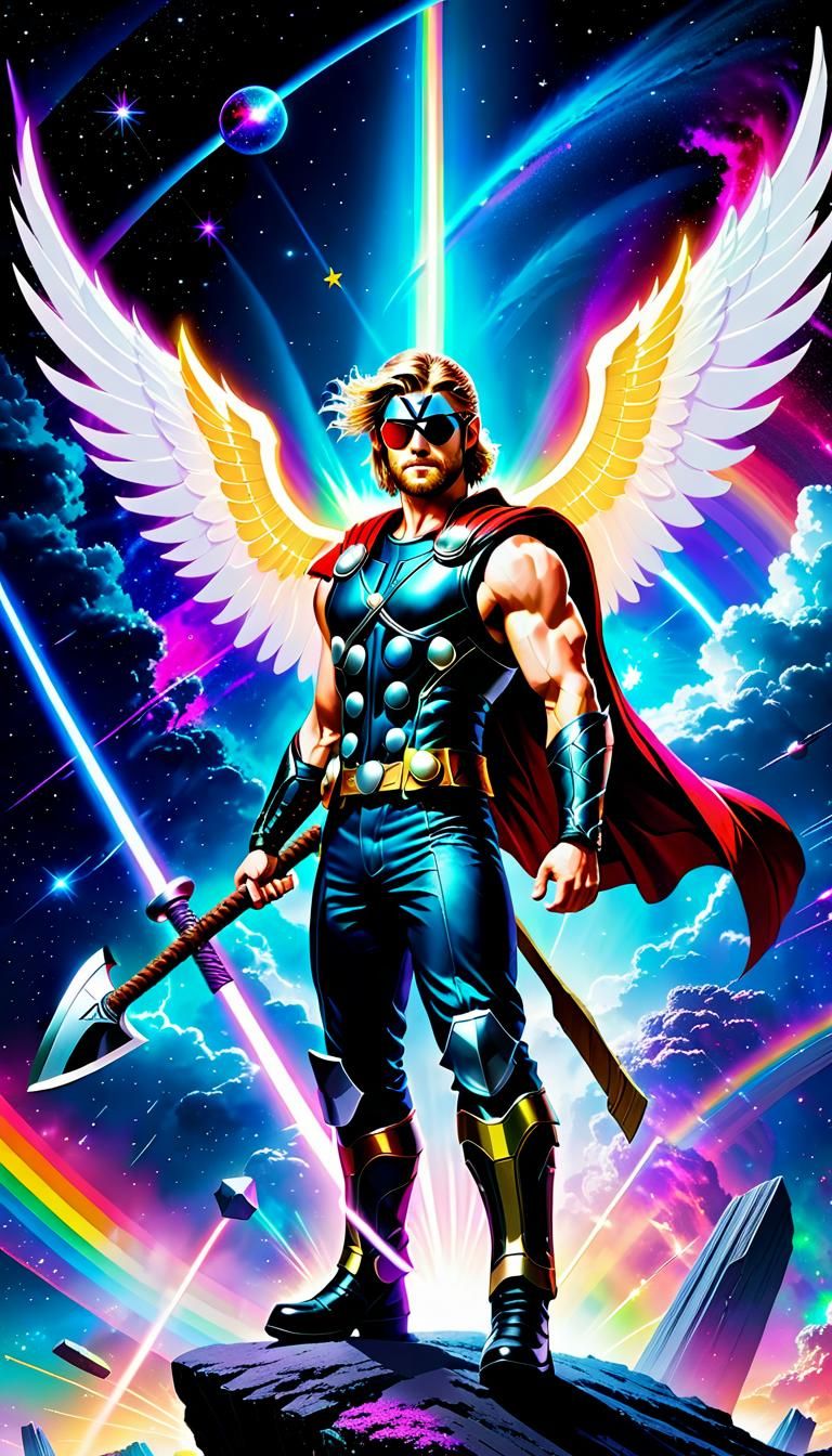 Thor in Synthwave Style Flies Through Space