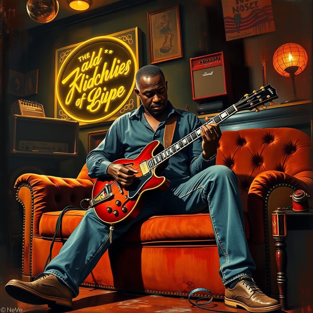 Guitarist in Smoky Jazz Club, Inspired by Albert King and Je...