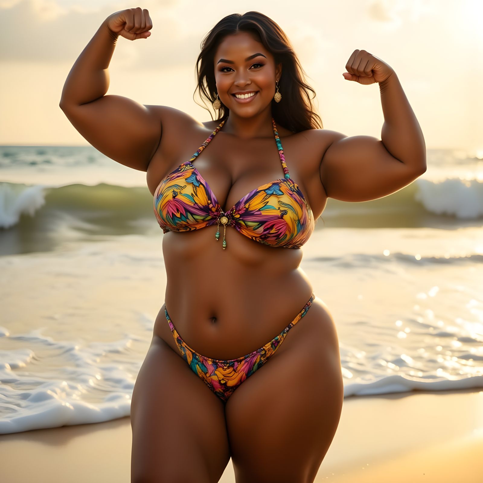 Muscular Curvy Woman Flexes Biceps on Sunny Beach