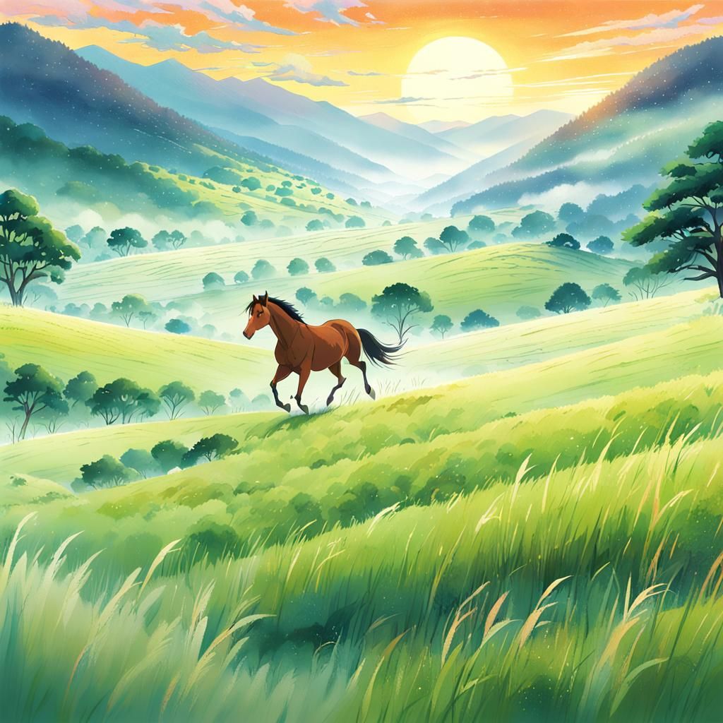 Horse Running Through Valley at Dawn in Anime Style
