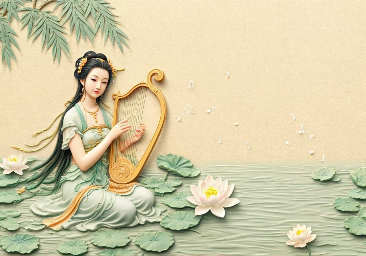 Elegant Chinese Harpist in Water Lilies Embossed Art