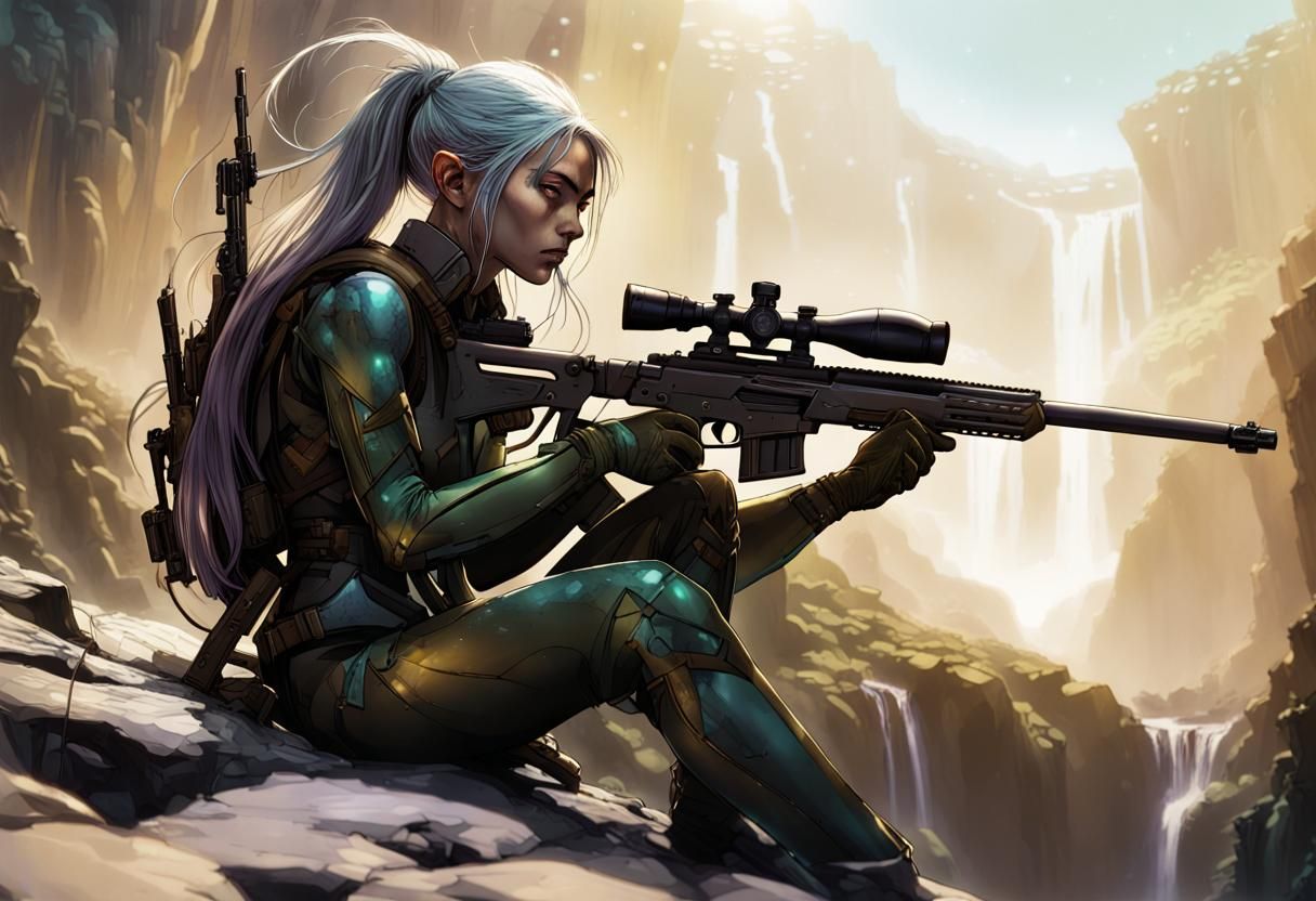 Elf Sniper Double Exposure in Graphic Novel Style
