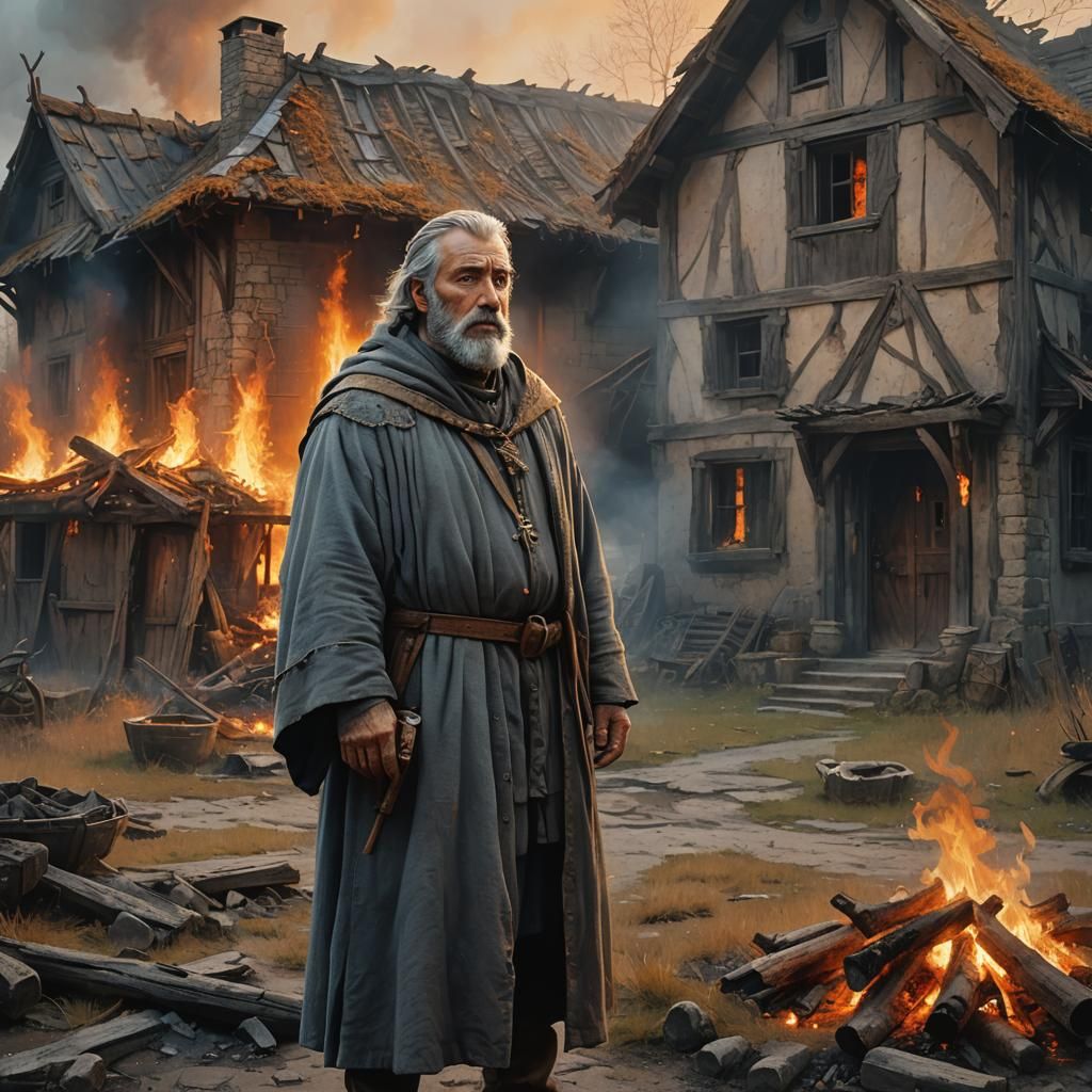 Grey-Bearded Man Before Burning Farmhouse, Detailed Matte Pa...