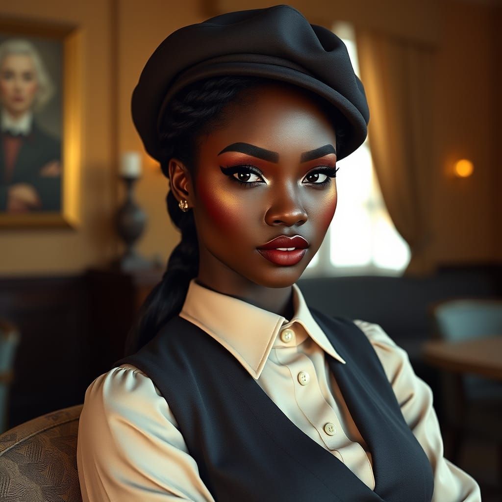 A detailed photograph of a Congolese woman with smooth dark chocolate skin and striking brown eyes. Her facial features ...