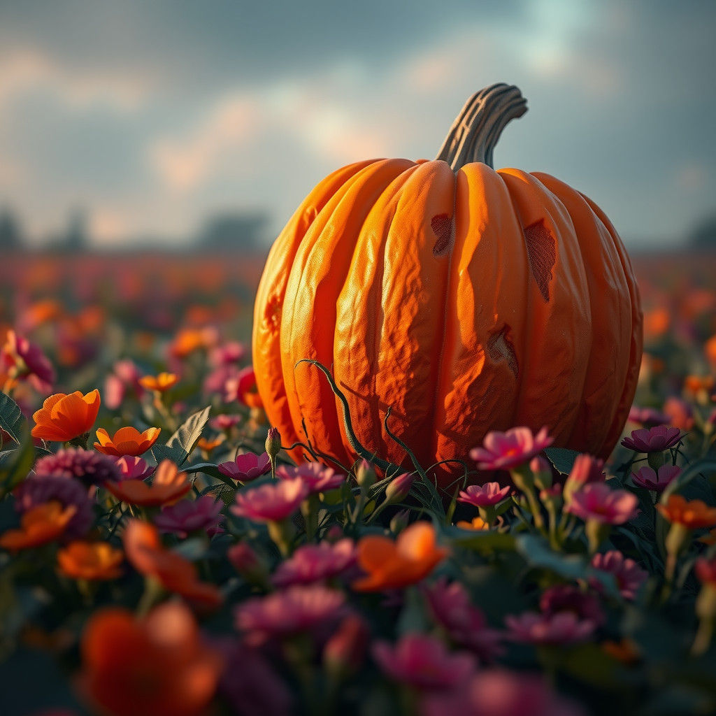 Pumpkin in Floral Field: Detailed Matte Painting
