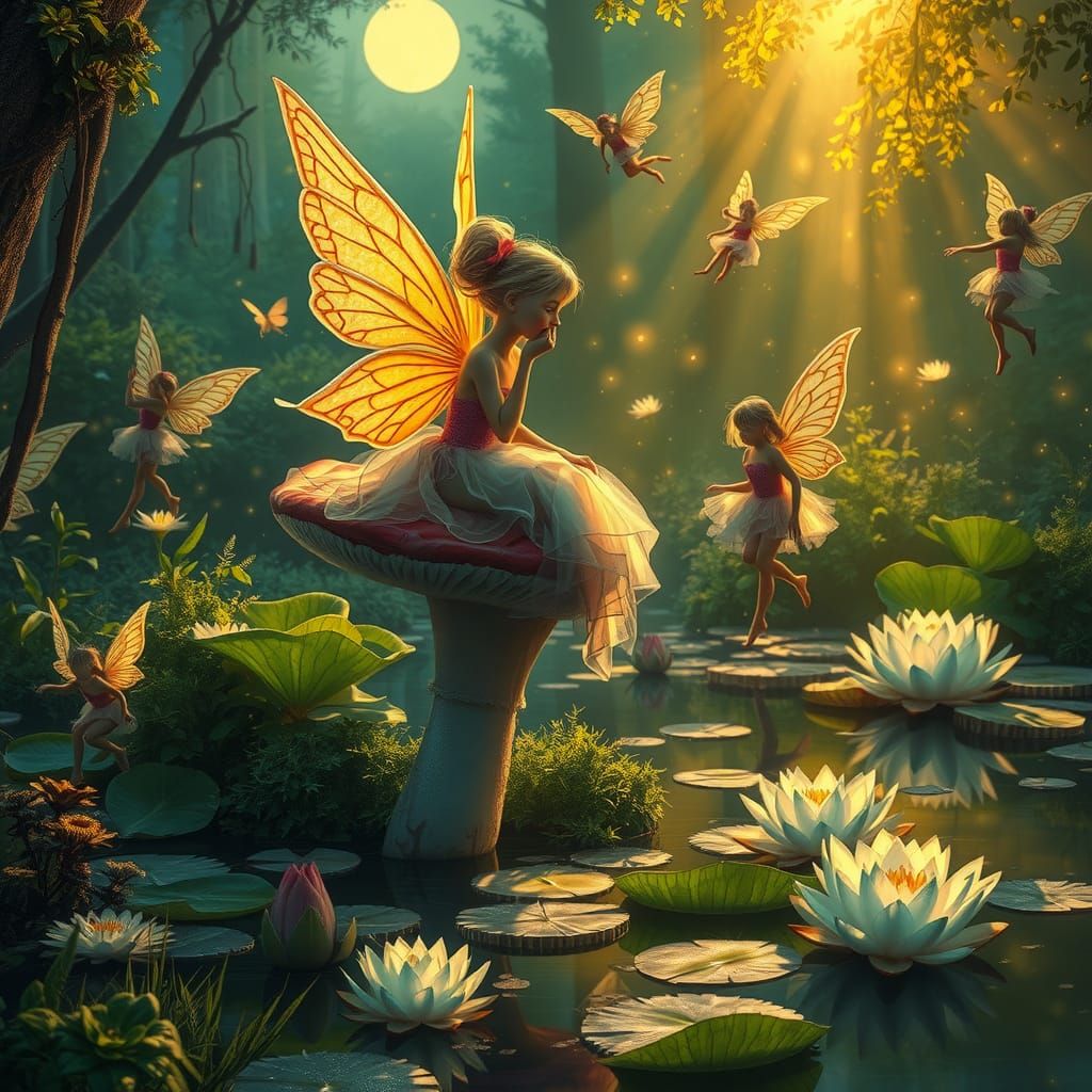 Fairy on Mushroom in Moonlit Forest, Post-Impressionist Styl...