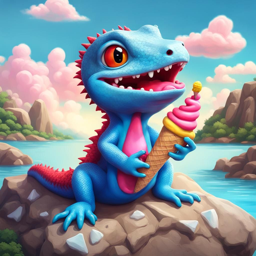 Lizard Licking Ice Cream: 3D Digital Art