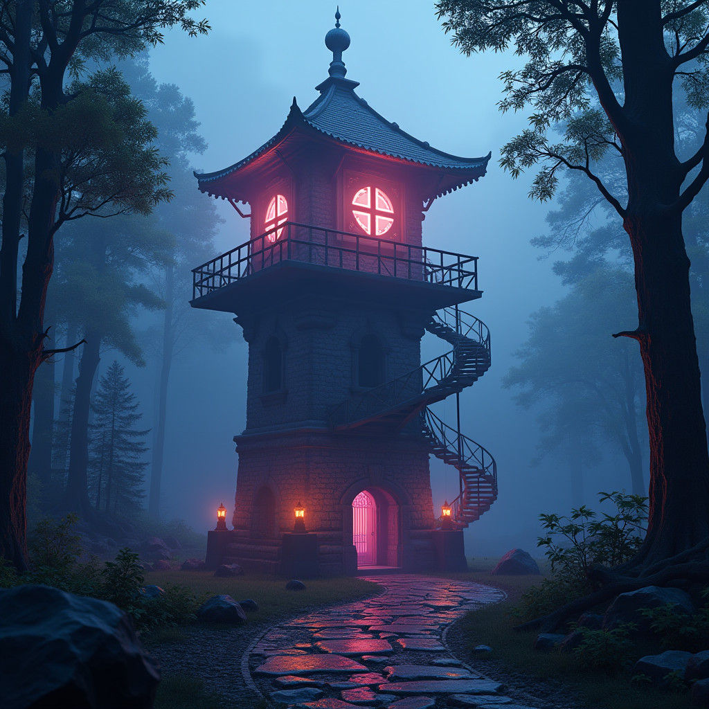 Neon Watchtower in Mystical Forest Art
