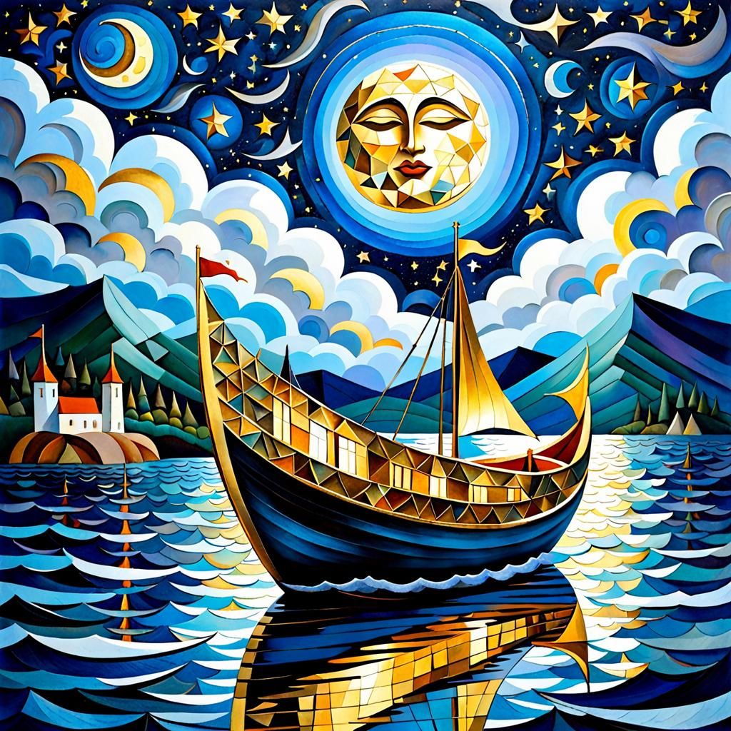 Silver Moon Sailing Through Starry Sky in Cubist Style